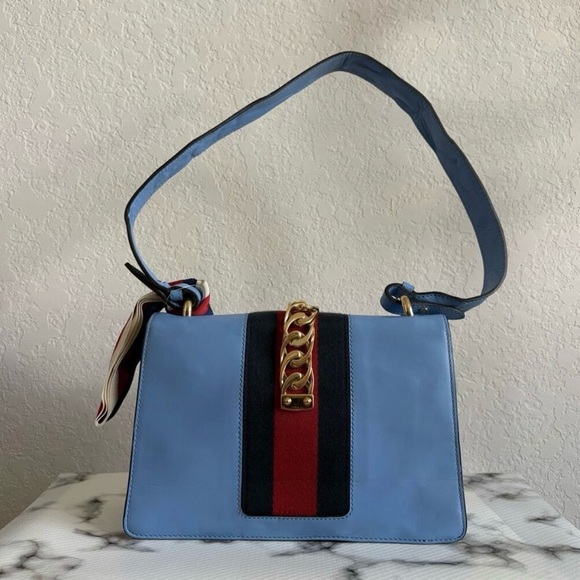 Gucci Sylvie Light Blue Crossbody Bag with Red and Gold Details - Picture 13 of 16